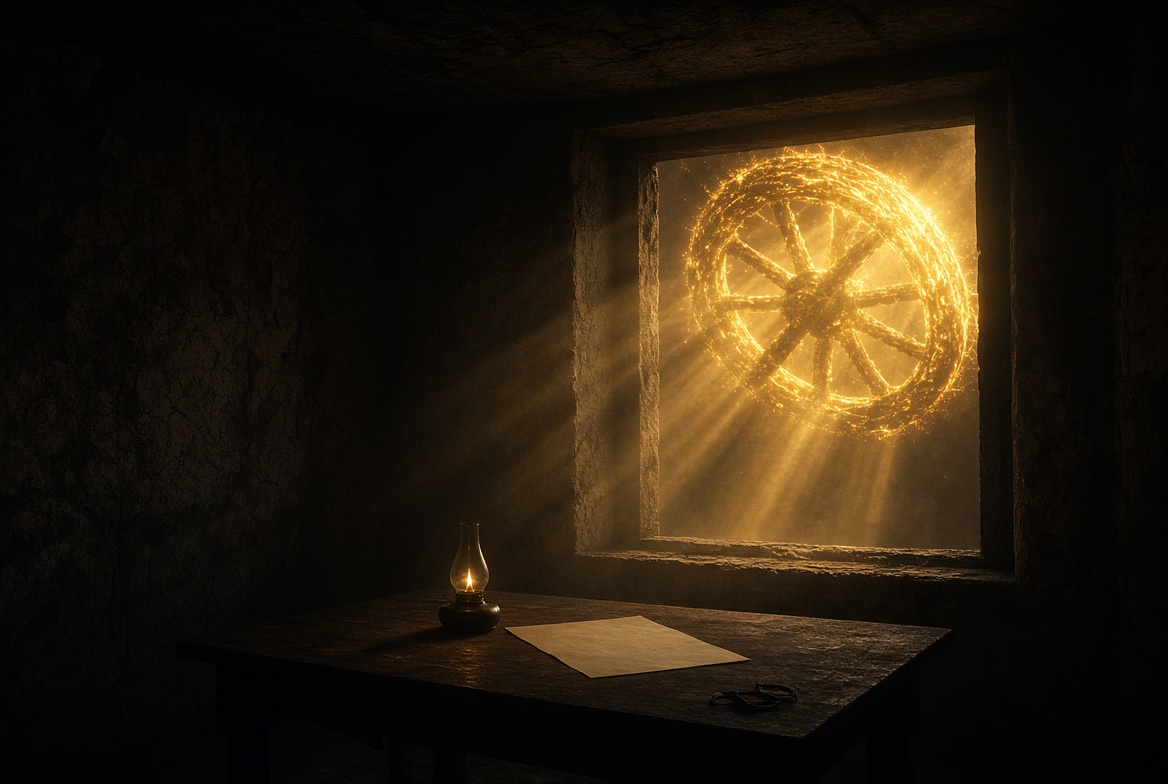 A corner of an upper room with a closed door, the apostle Thaddaeus