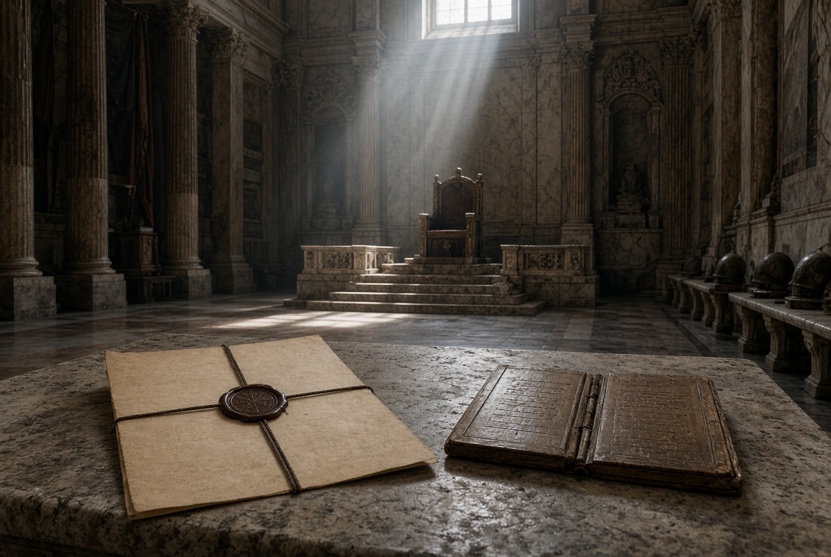 A sealed petition and an open codex lying on the marble floor of a Roman basilica before an empty judgment seat — who were the early church apologists