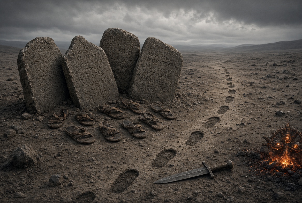 Twelve rough standing stones in a row on open ground with sandals set before them, footprints leading away and a small fire at the edge — who were the twelve apostles of Jesus