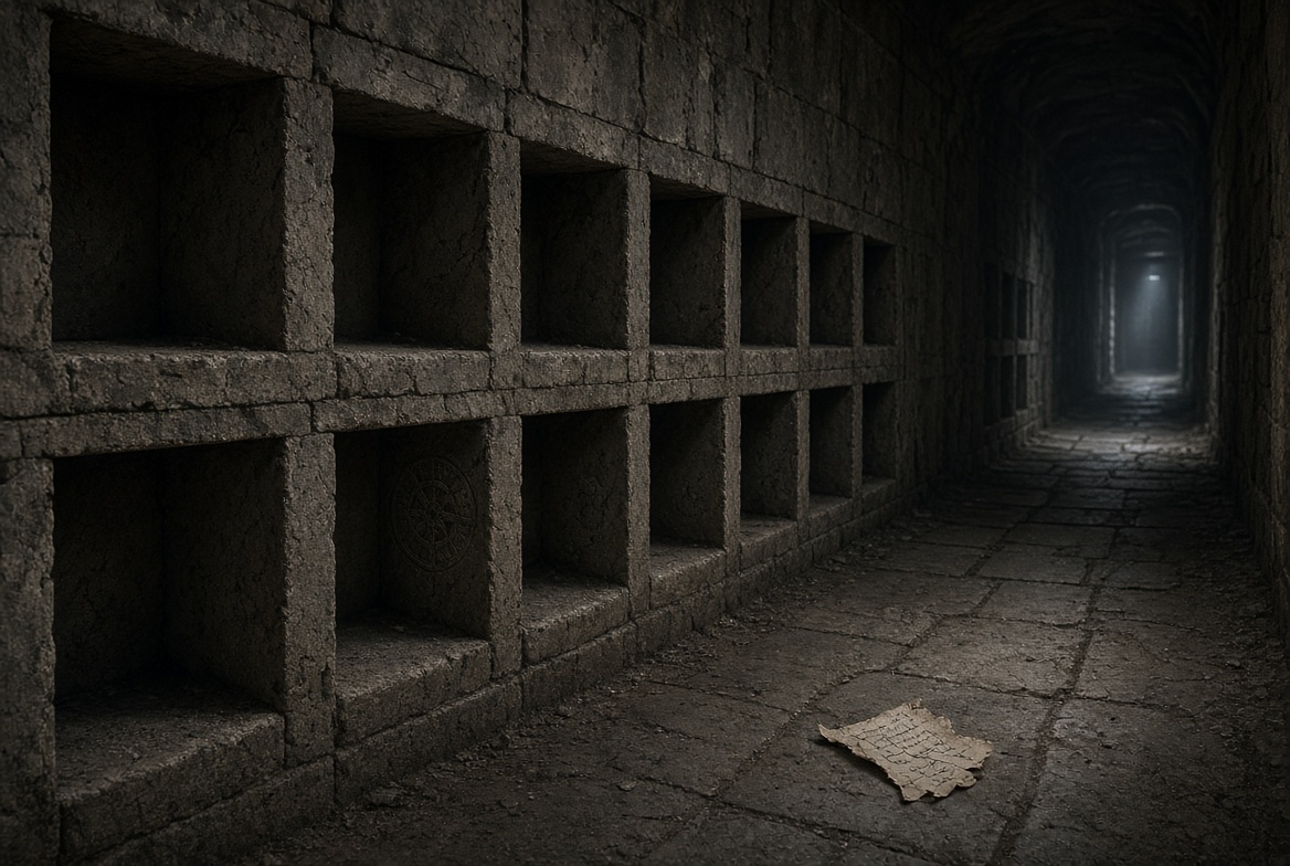 A long wall of empty stone document niches receding into darkness with one torn scrap left on the floor — why are so many early Christian works lost