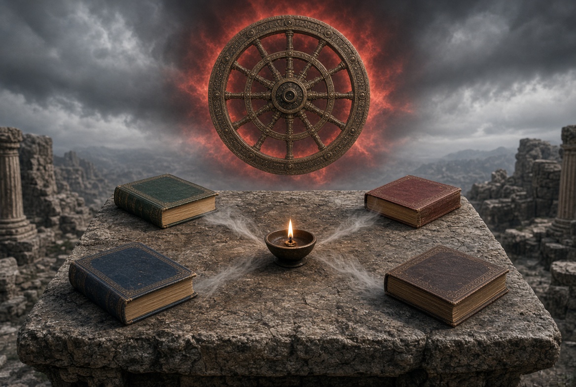 Four bound books set at the four corners of a stone slab around a single burning lamp, a spoked wheel in the sky above — why are there four Gospels