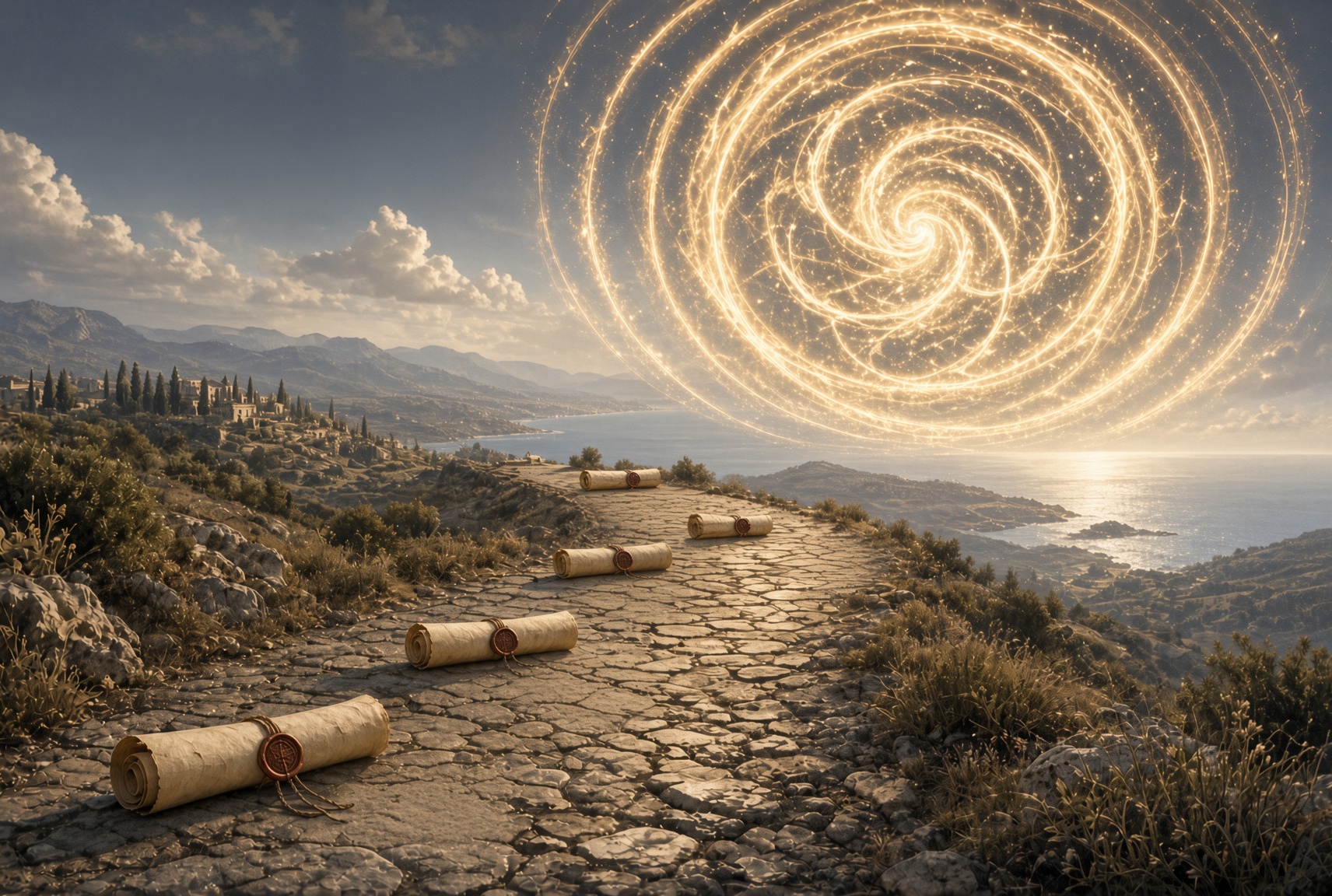 A Roman stone road along a Mediterranean coast with scrolls resting on it and a spiral of light over the sea, on the printable apostle Paul timeline.