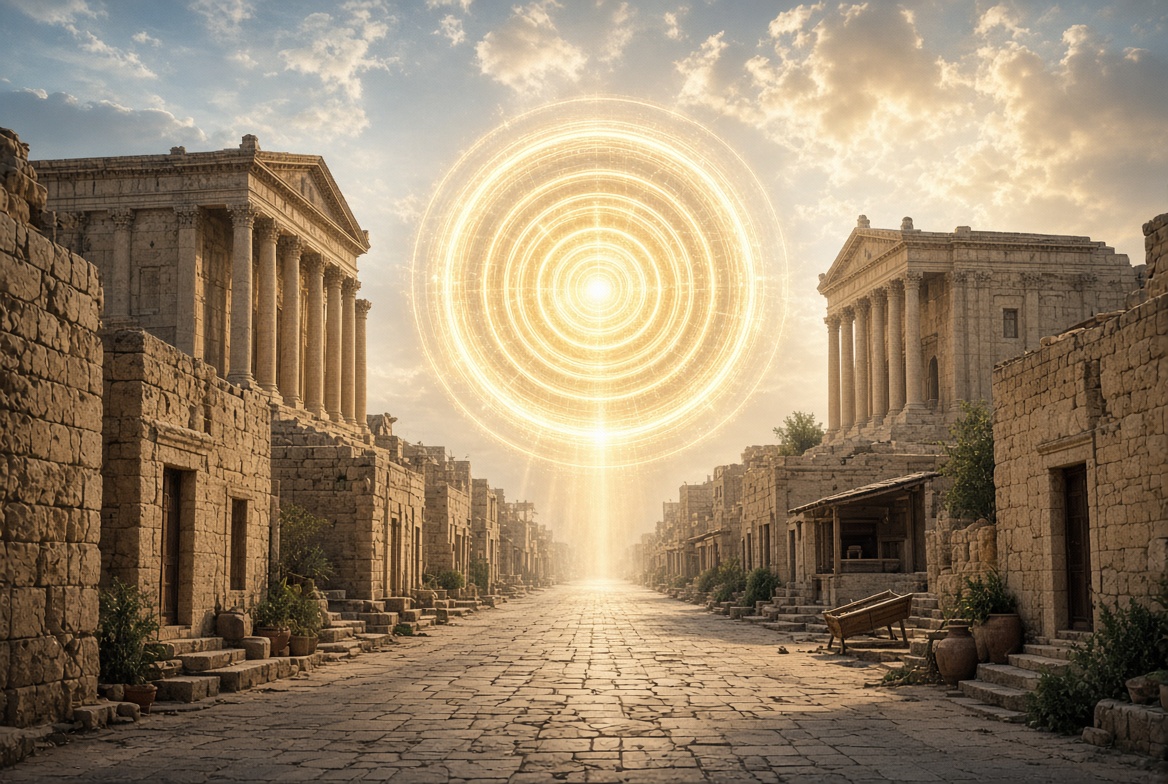 A colonnaded stone street running between classical temple buildings toward a disc of light, on the printable Gospel of Luke timeline.