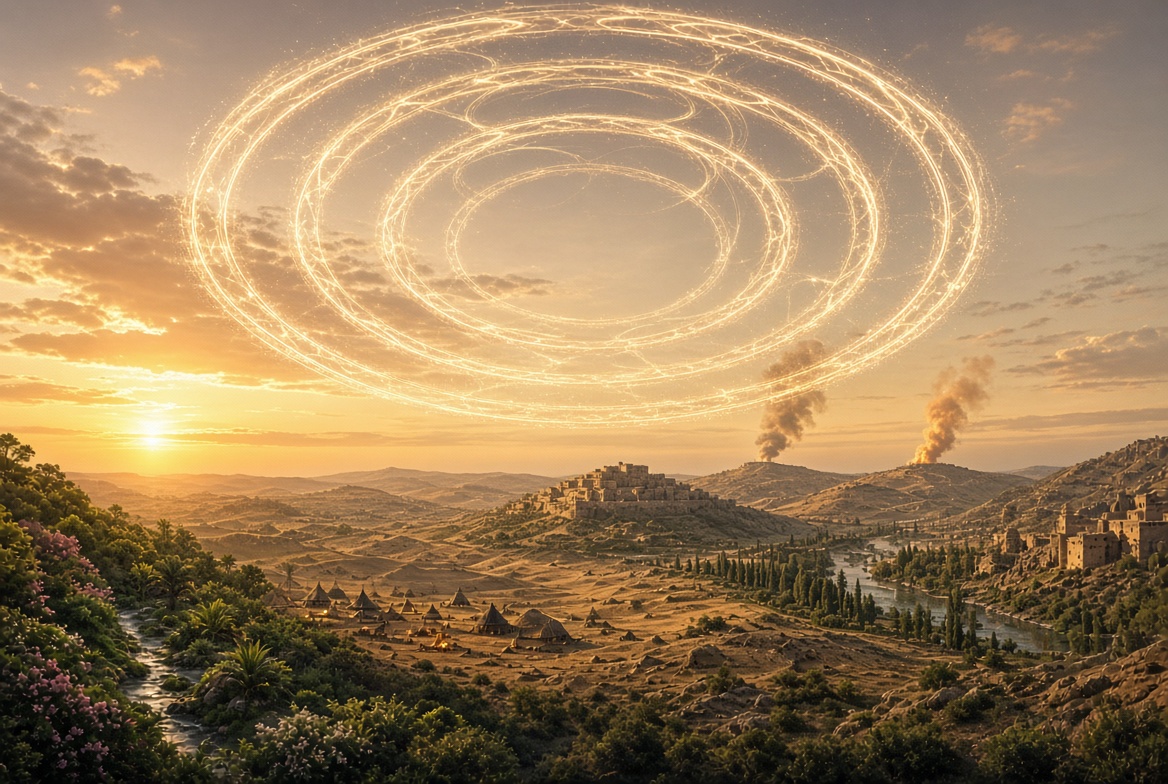Sunset over a wide valley with a hilltop town, tents and a river below and a wheel of light turning overhead, on the printable Old Testament timeline.