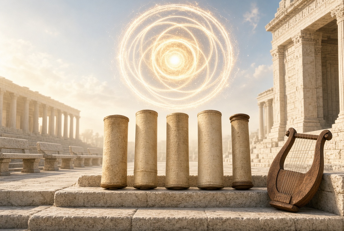 Five scroll cylinders standing on temple steps beside a wooden lyre under a spiral of light, one for each Book of the printable Psalms list.