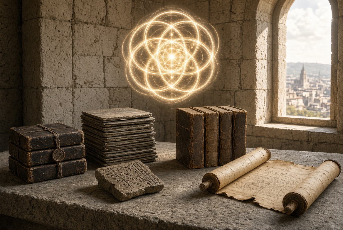 Stacked codices and an open scroll in a stone chamber beneath a glowing golden rosette, second century Gnostic crisis
