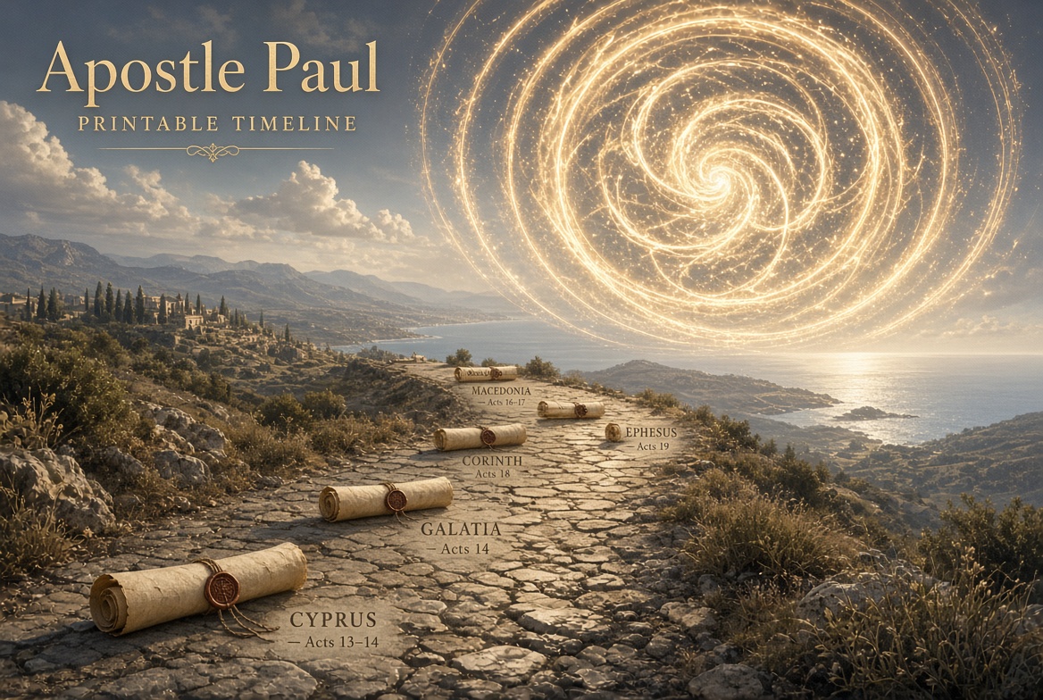 Title card reading Apostle Paul, Printable Timeline, over a Roman coastal road with scrolls marked Cyprus, Galatia, Corinth, Macedonia and Ephesus.