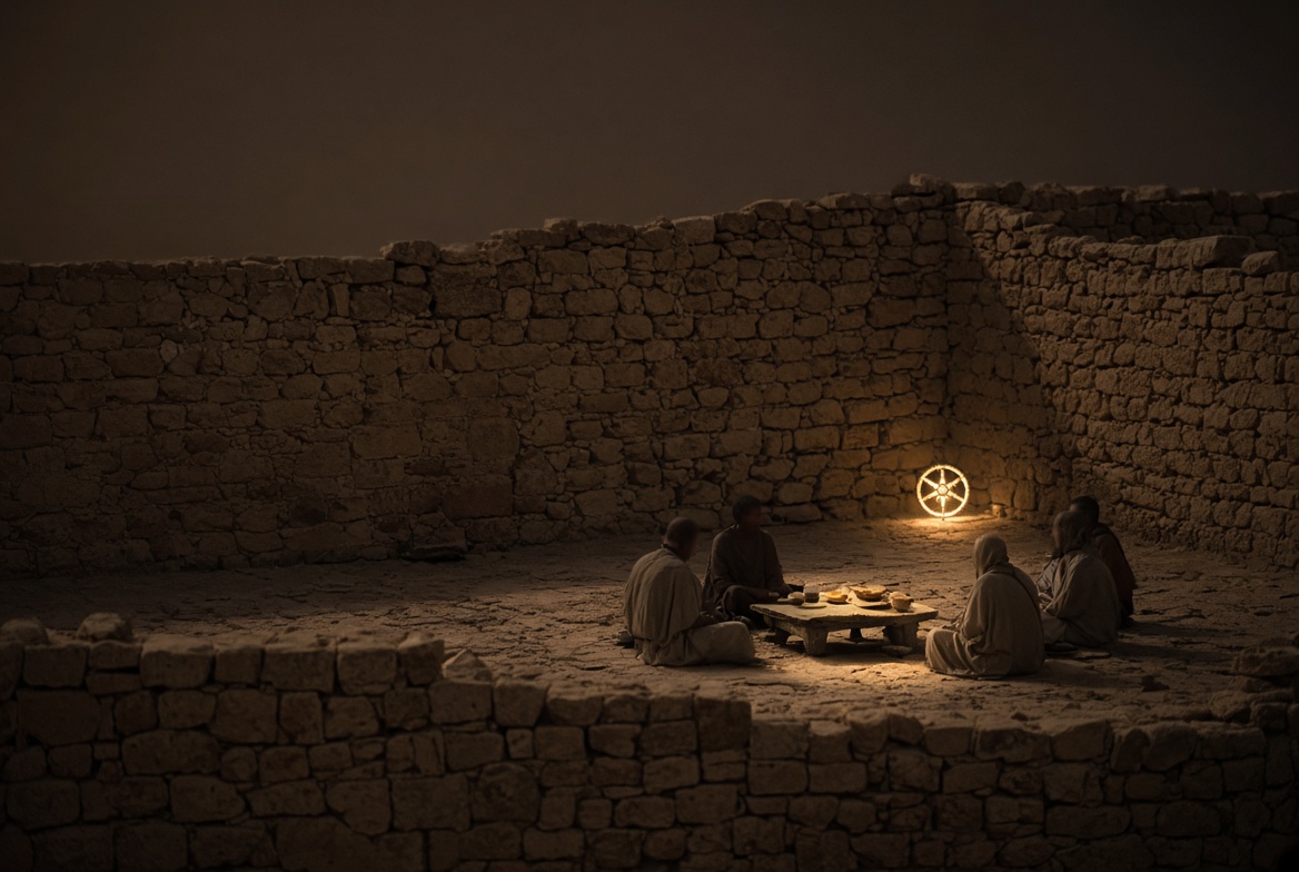 Four robed people sharing a meal around a low table in a lamplit stone courtyard at night, a small glowing wheel of light set against the wall behind them.