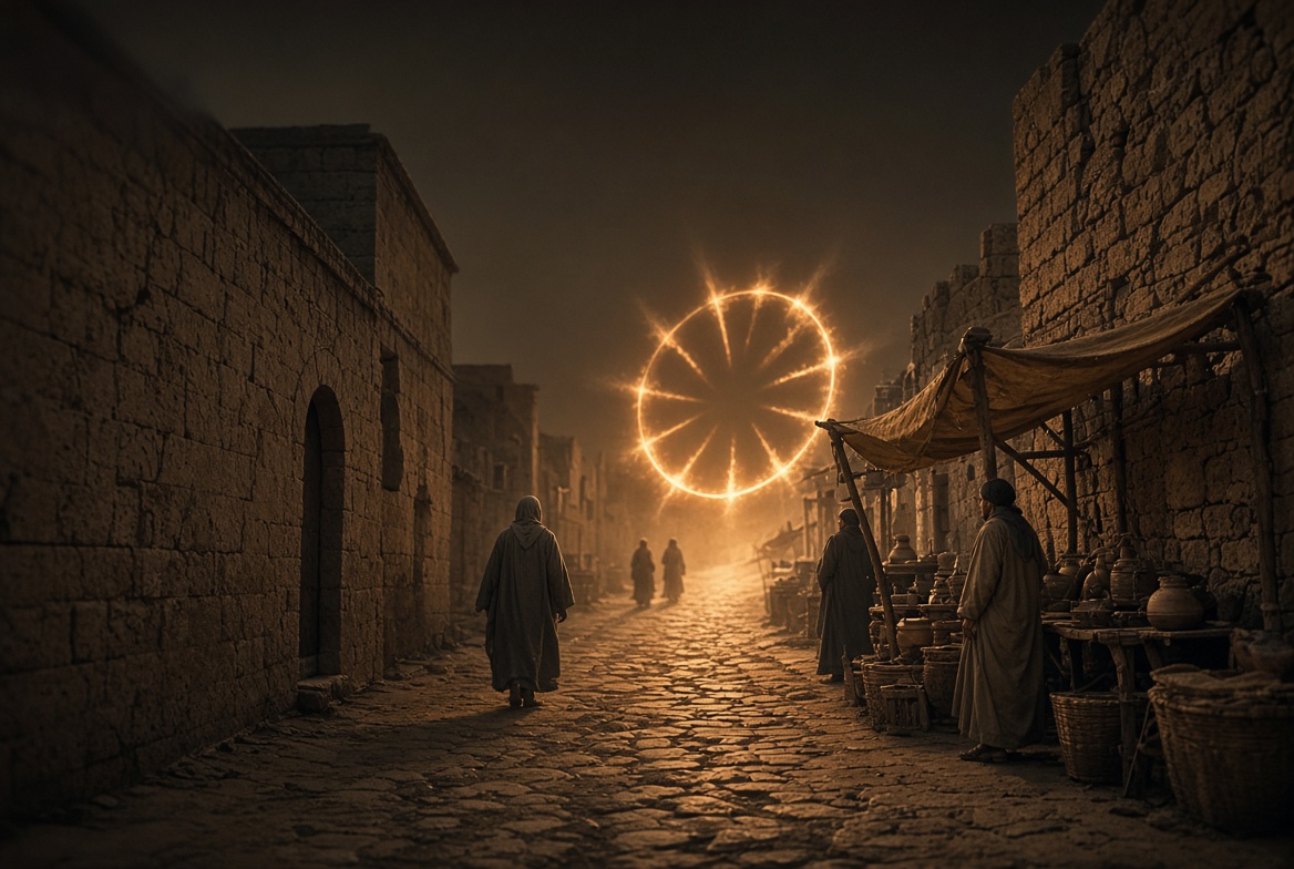 A narrow stone street in a first-century town at dusk, robed figures walking past market stalls toward a glowing wheel of light at the end of the street.