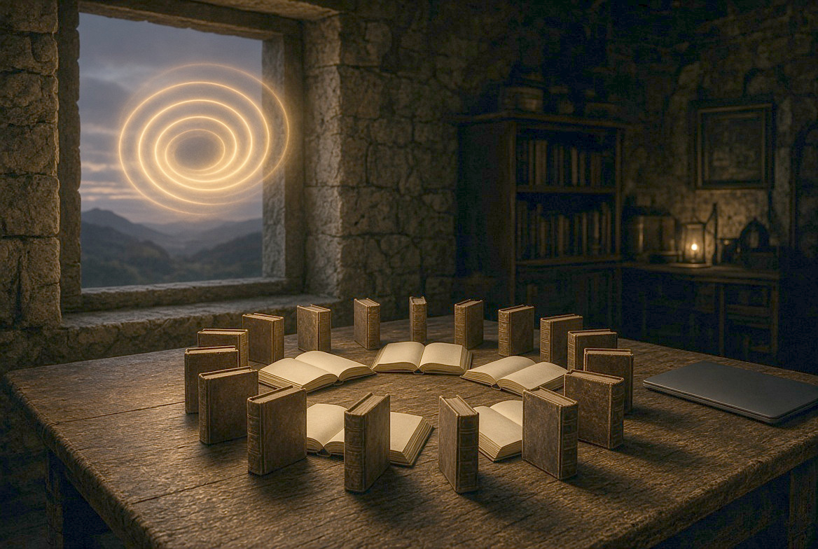 A ring of small blank leather books standing on a dark wooden desk with several lying open inside the circle, warm light in the middle, cosmic fire-rings in a stone window