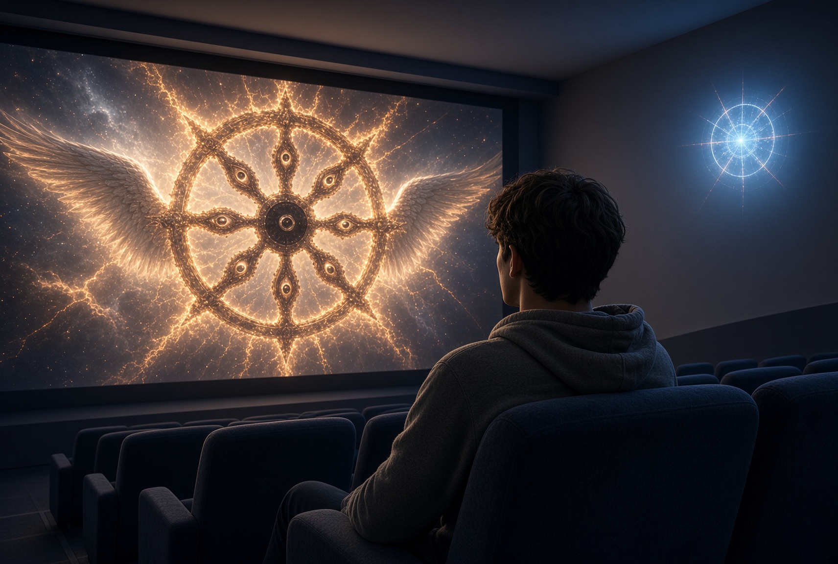 A lone man watching a horror movie in an empty theater, a fiery winged wheel covered in eyes like Ezekiel's vision filling the screen