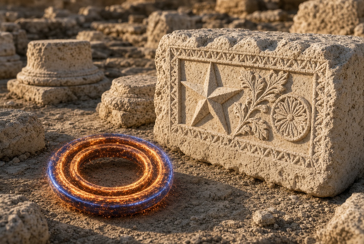 Carved stone frieze with a five-pointed star beside a ring of fire in ancient synagogue ruins