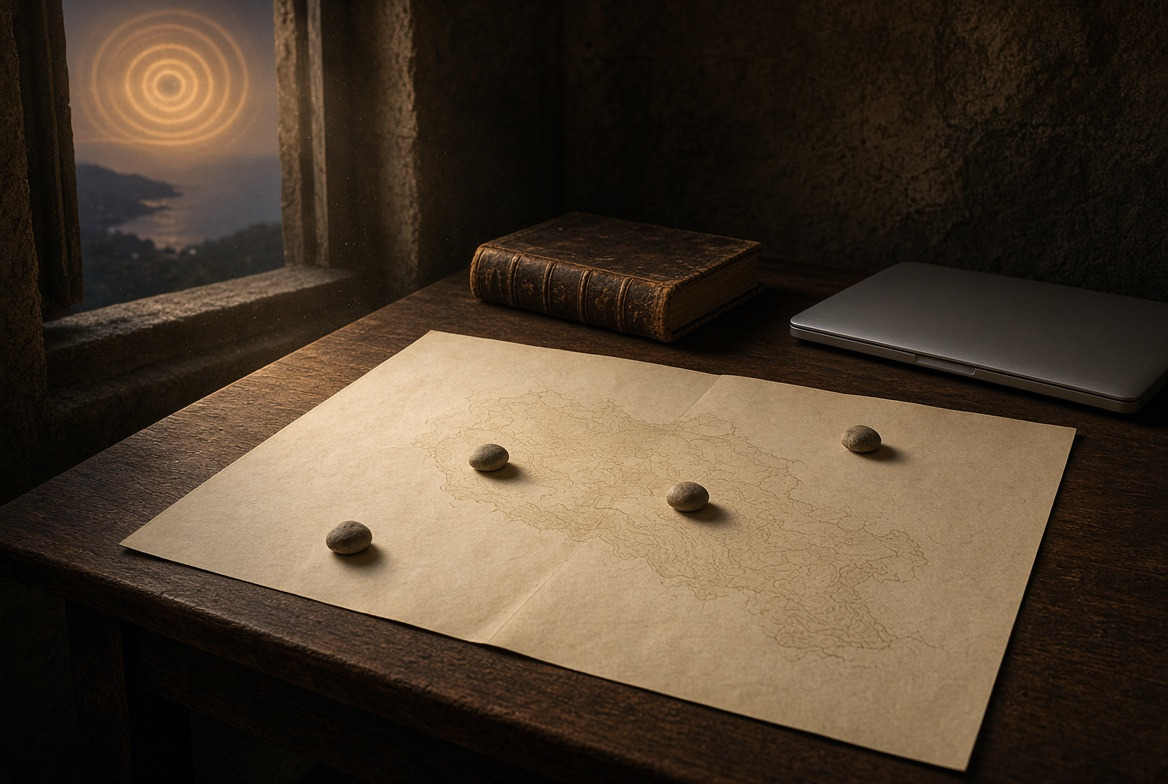 An unmarked folded map on a dark wooden desk with small stones set on it as place markers and a worn book behind, cosmic fire-rings in a stone window