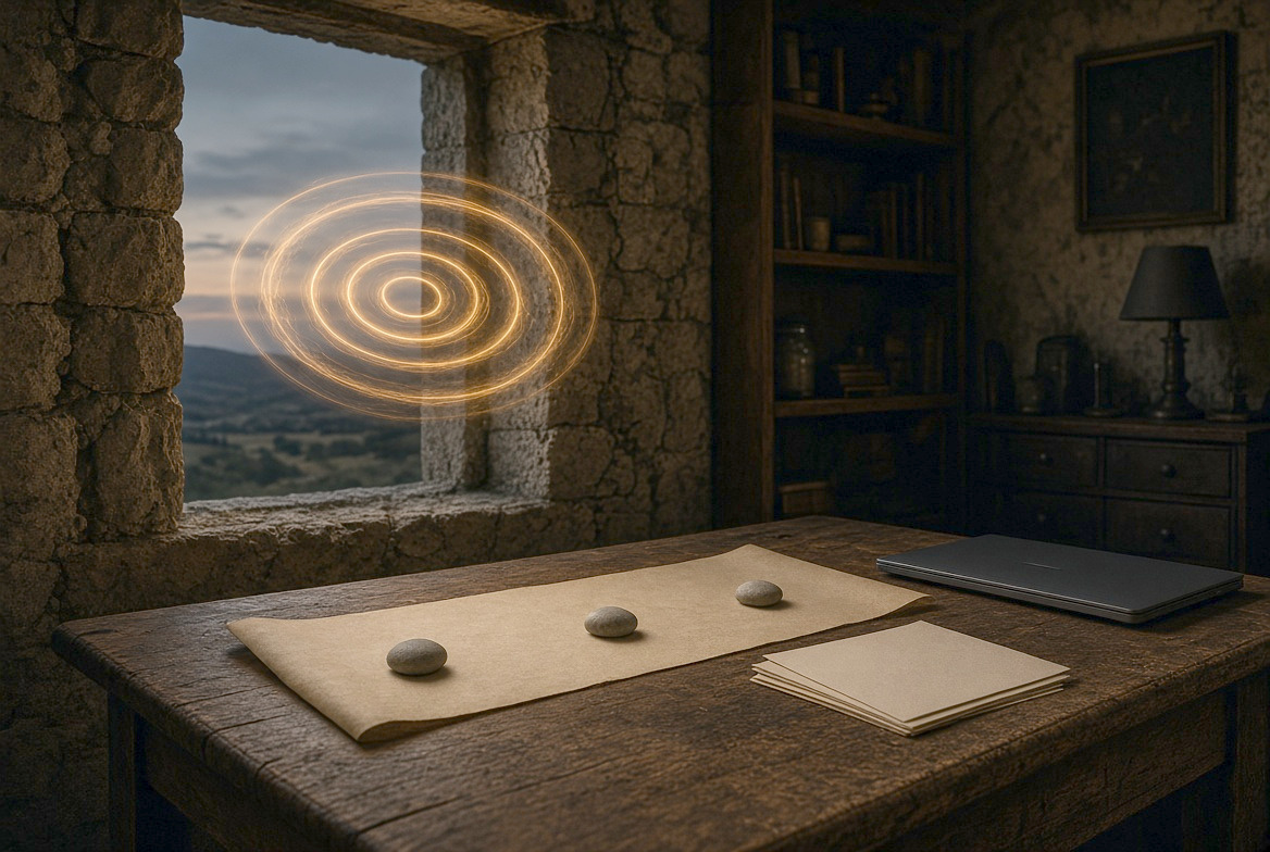 A long blank parchment strip unrolled across a dark wooden desk with three small stones set along it and a stack of blank cards beside it, cosmic fire-rings in a stone window